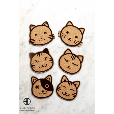 Lot de 6 sous-verres en liège avec petits chats.