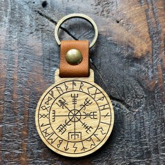 Porte-clé rond en bois et cuir. Vegvísir