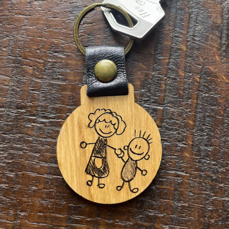 Porte-clé bois personnalisé dessin enfant – Cadeau original fête des pères, mères ou maîtresse