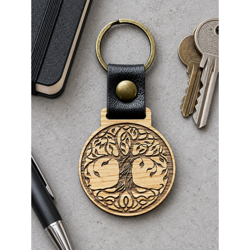 Porte-clé de l'arbre de vie avec bandelette en cuir, plusieurs modèles et différentes essences de bois