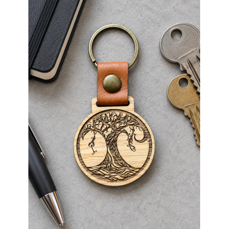 Porte-clé de l'arbre de vie avec bandelette en cuir, plusieurs modèles et différentes essences de bois