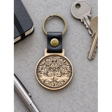 Porte-clé de l'arbre de vie avec bandelette en cuir