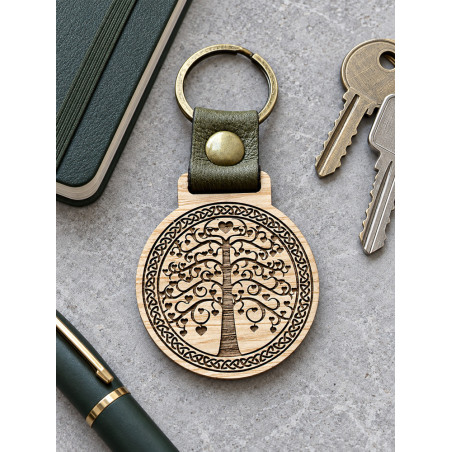 Porte-clés arbre de vie avec bandelette en cuir